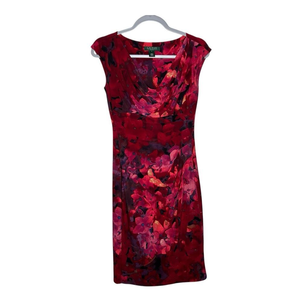 Lauren Ralph Lauren Dress Womens 2 Red Floral Draped Cinched Cowl Neck Stretch‎
